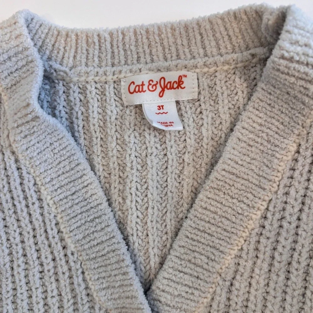 Cat & Jack Toddler Girls Cream Chenille Cable Knit Shimmer‎ Cardigan Sweater 3T